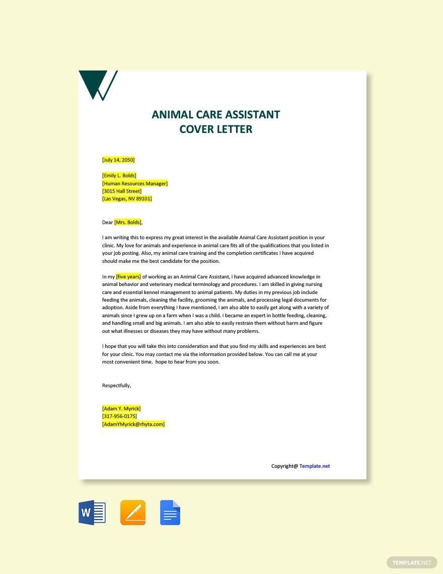 Animal Care Assistant Cover Letter