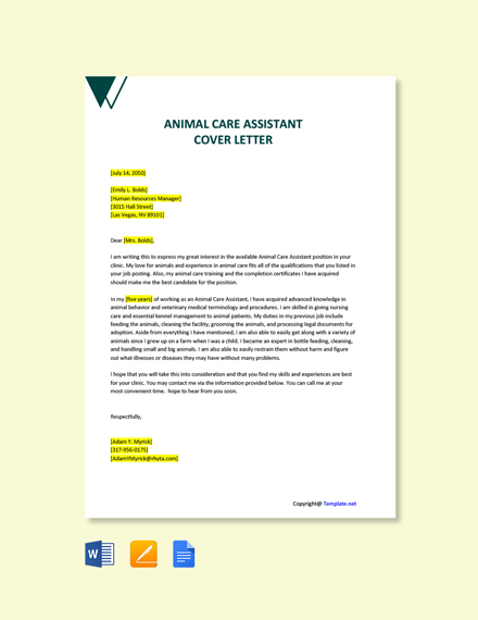 Free Animal Care Assistant Cover Letter Template Word Doc Apple Mac Pages Google Docs