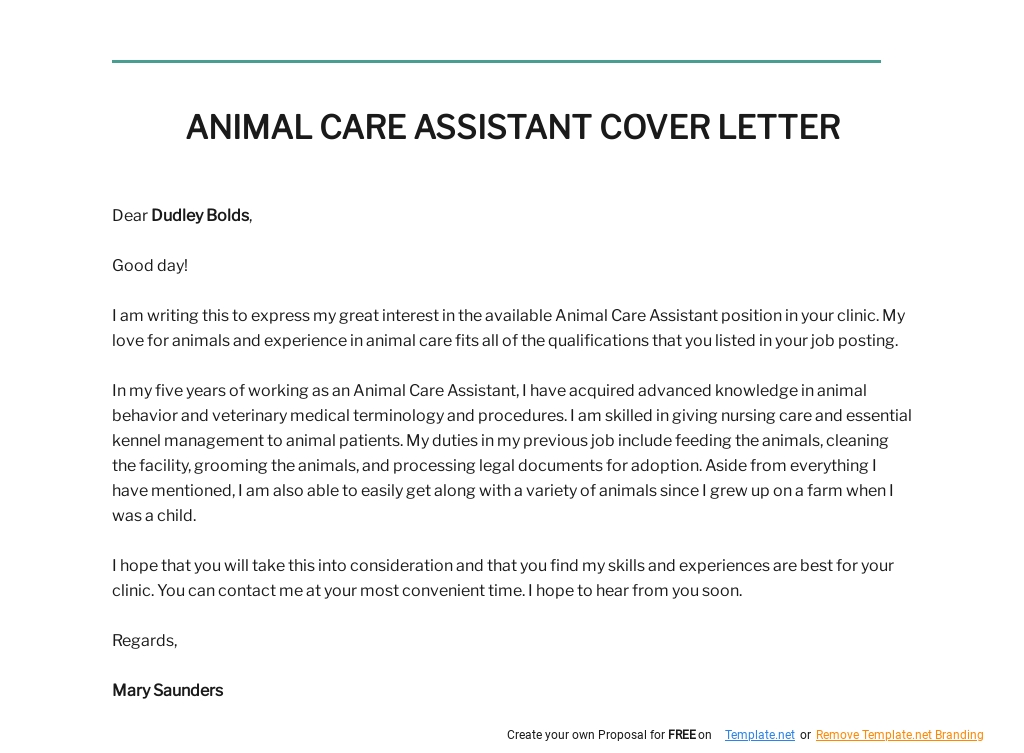 Free Animal Care Assistant Cover Letter Template.jpe