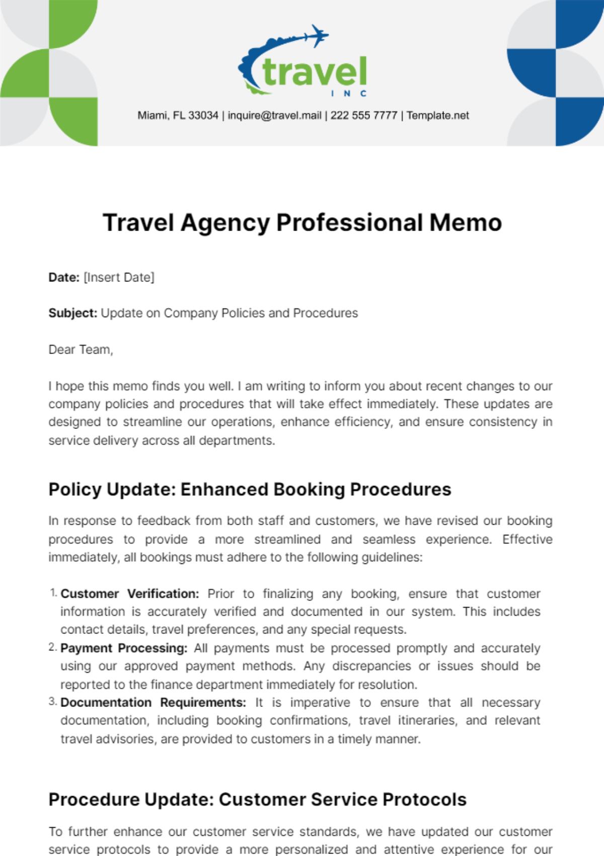 Free Travel Agency Professional Memo Template
