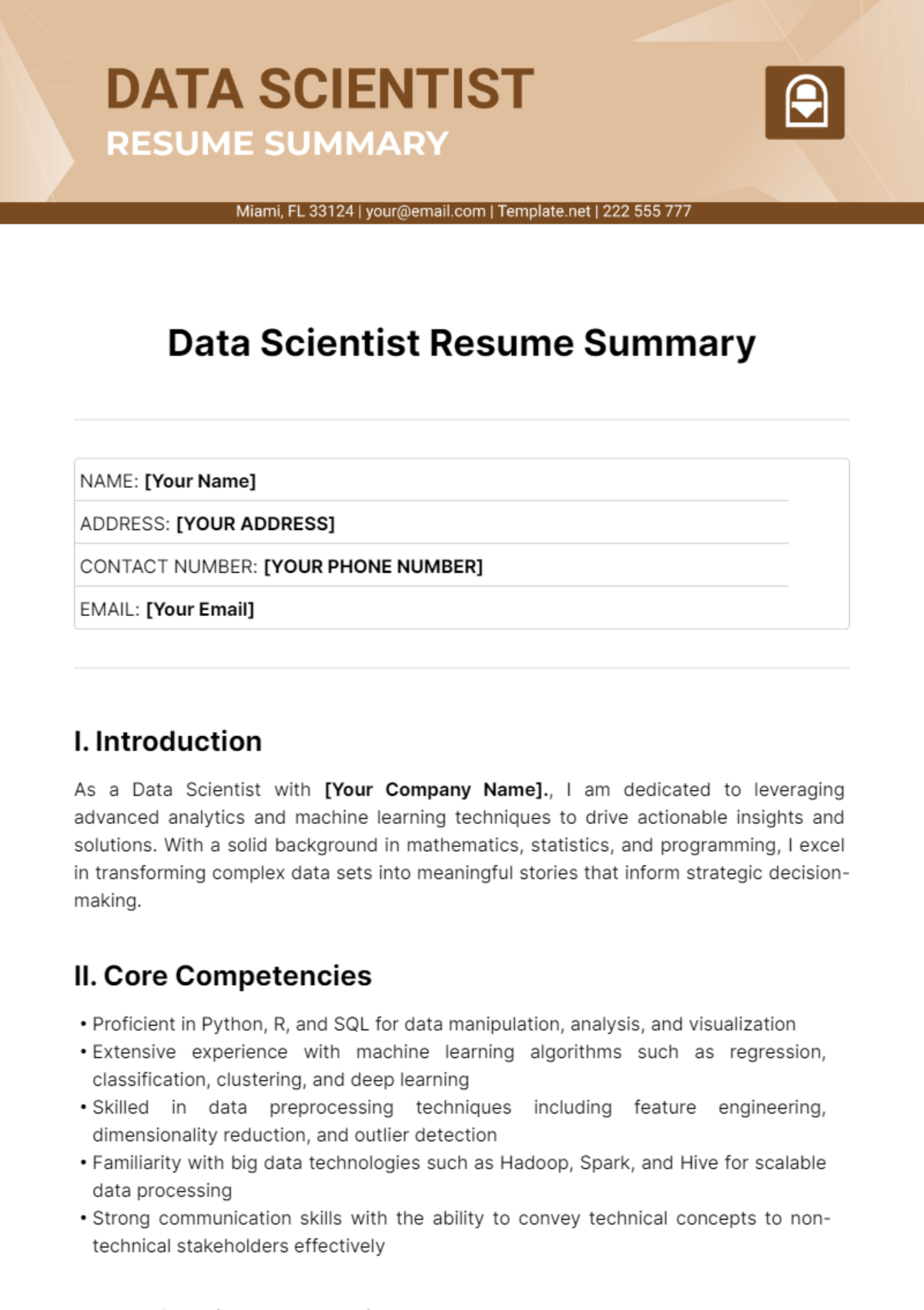 Data Scientist Resume Summary Template