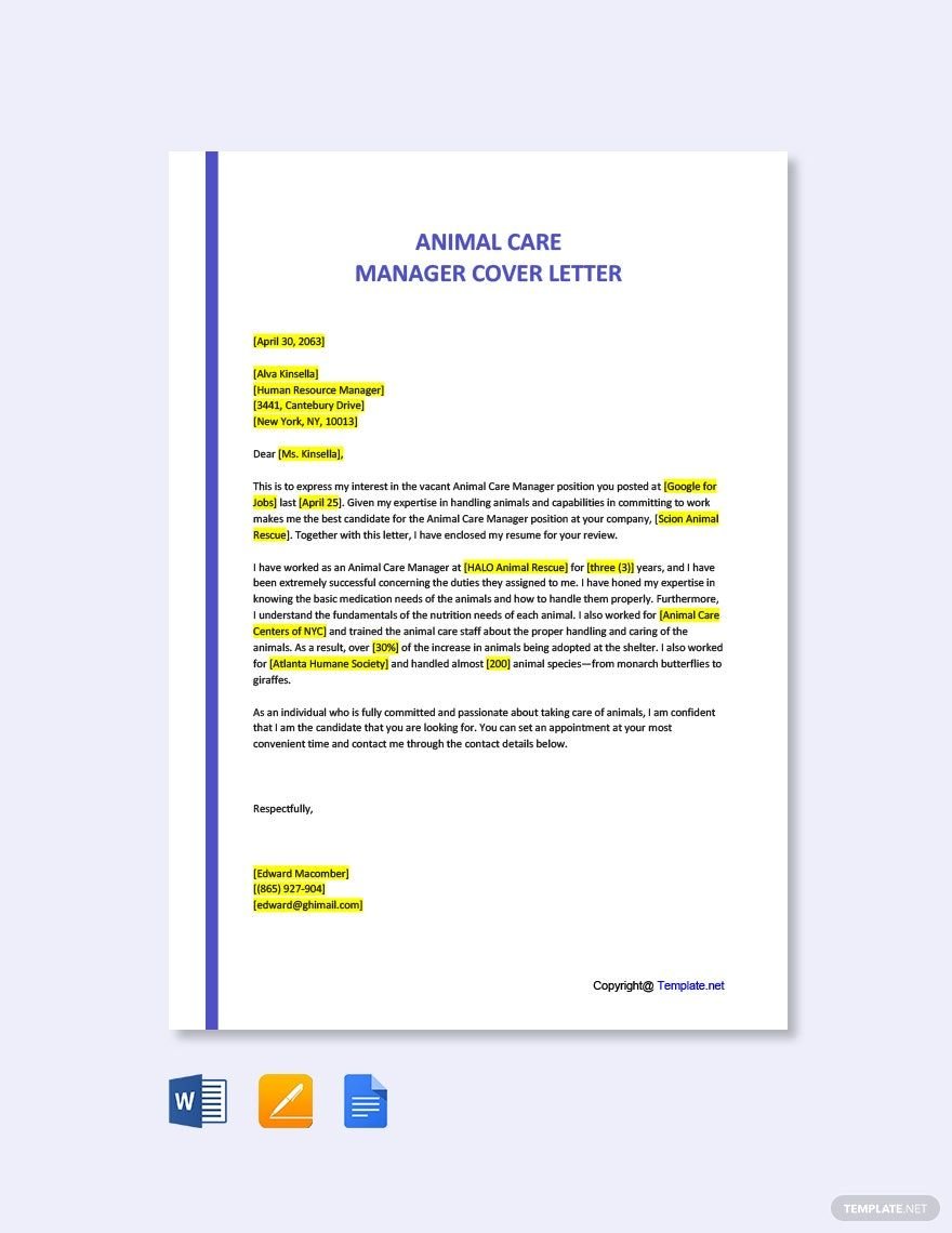Animal Care Manager Cover Letter