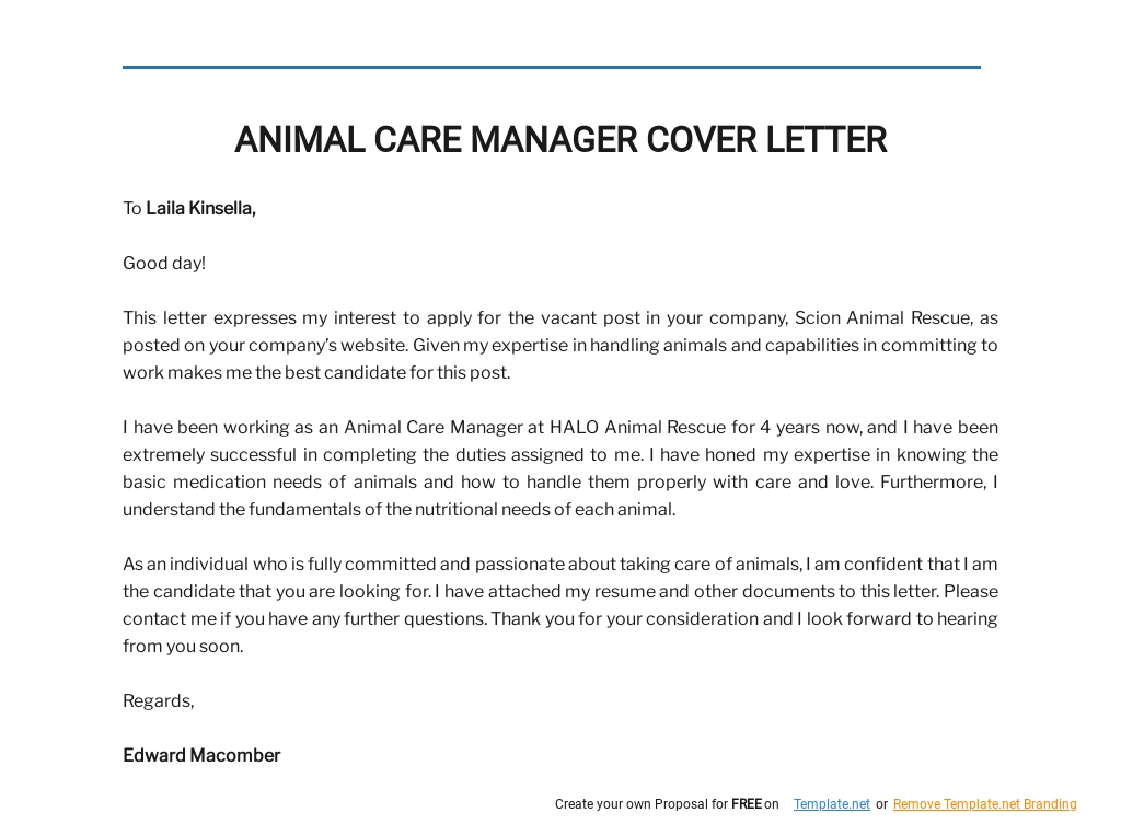 Free Animal Care Manager Cover Letter Template.jpe