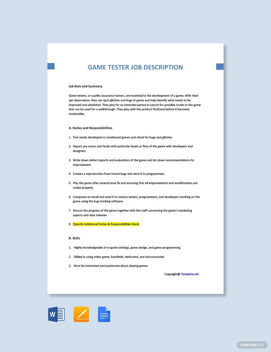 Game Tester Job Description