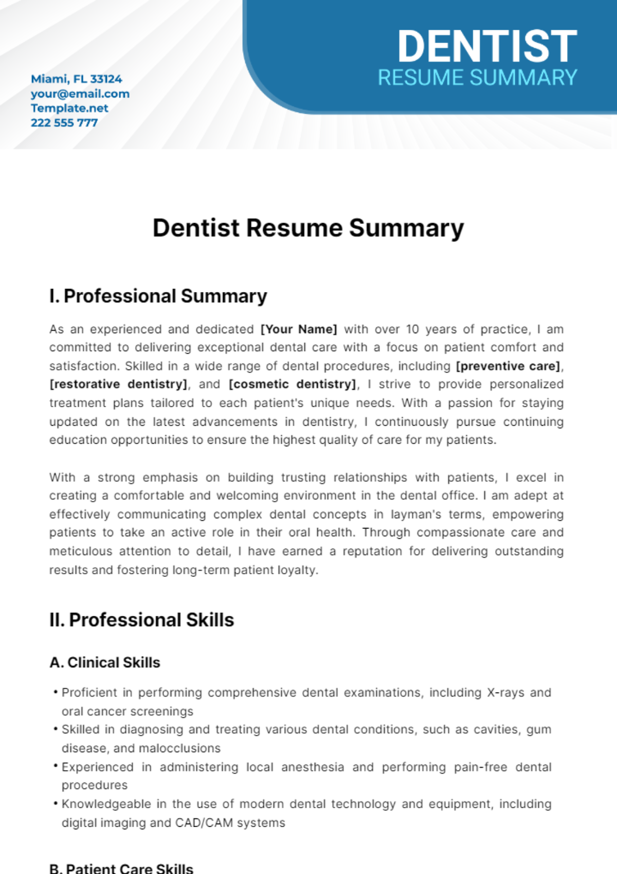 Dentist Resume Summary Template