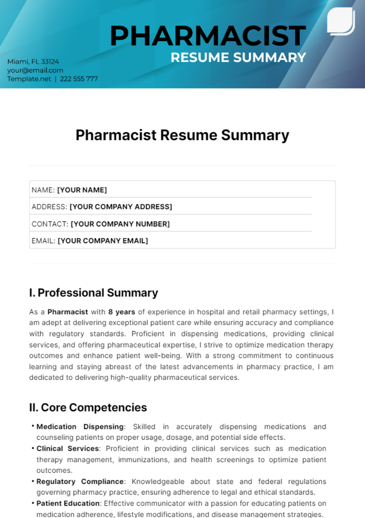 Pharmacist Resume Summary Template