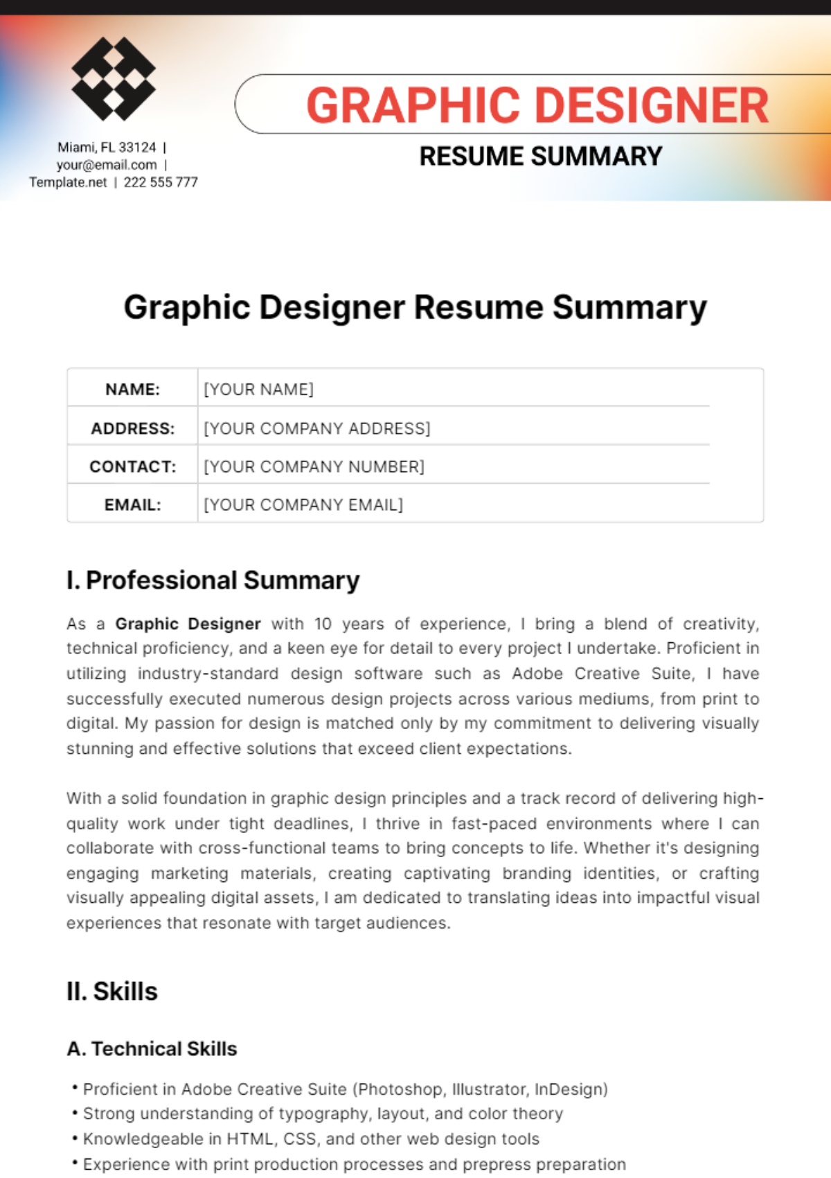 Free Graphic Designer Resume Summary Template