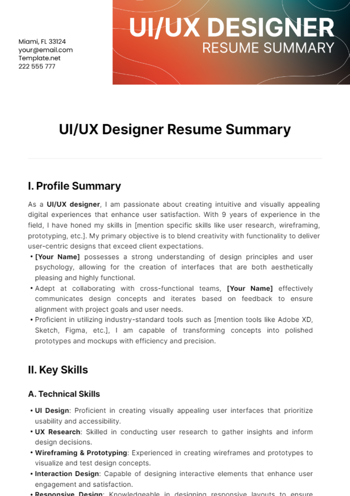 UI/UX Designer Resume Summary Template
