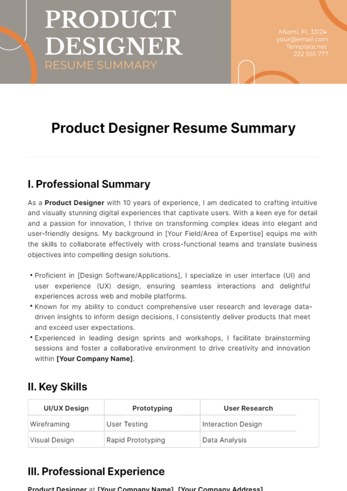 Product Designer Resume Summary Template