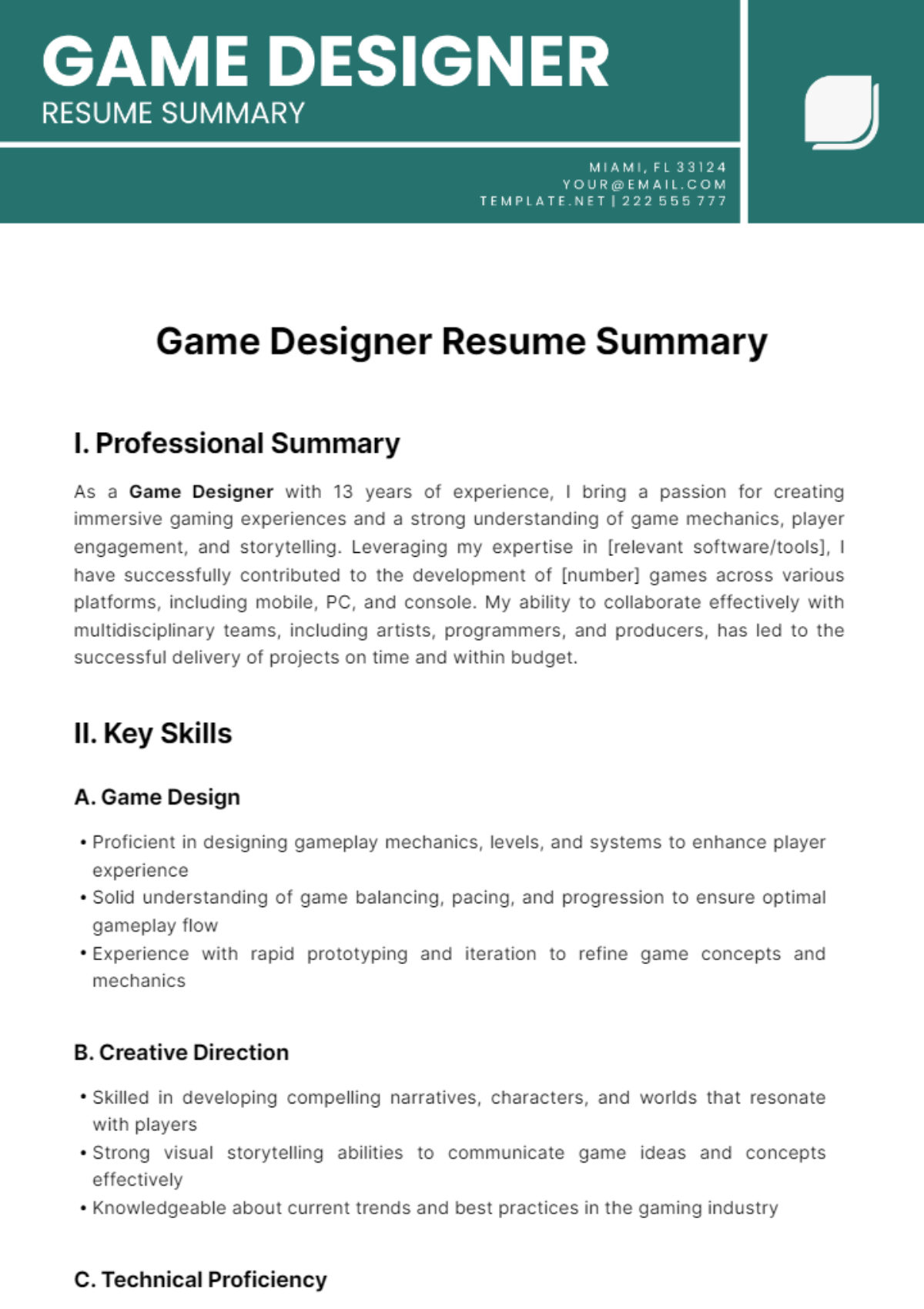 Game Designer Resume Summary Template