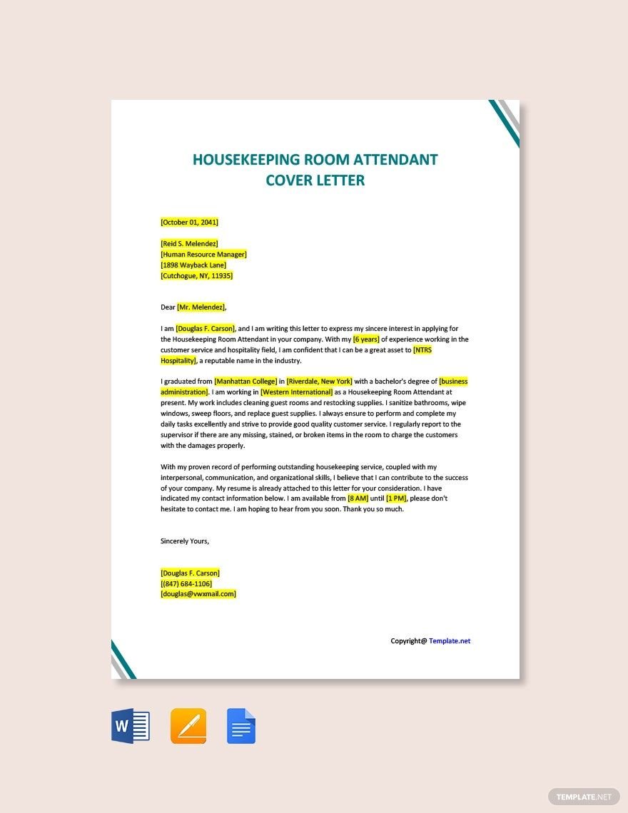 free housekeeping room attendant cover letter template - google docs, word, apple pages | template.net academic cv for phd application example best resume format marketing executive