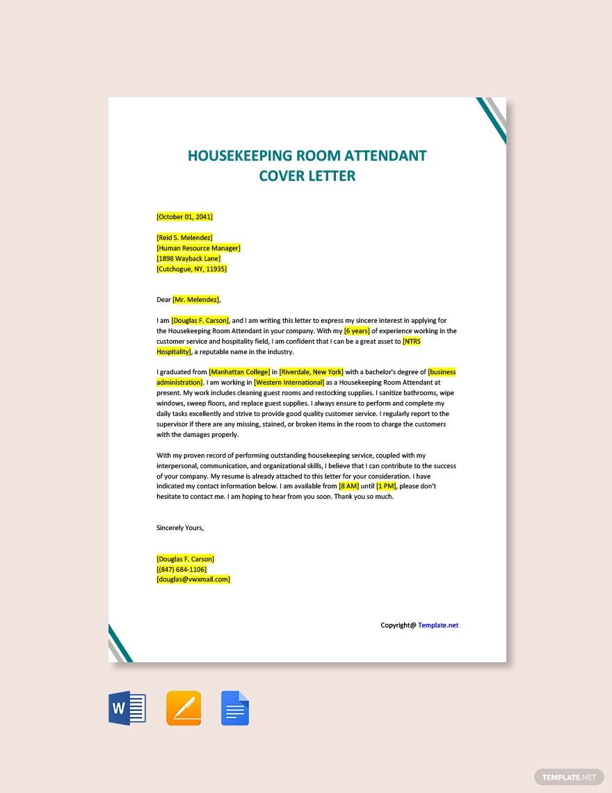 Housekeeping Room Attendant Cover Letter in Word, Google Docs, PDF, Apple Pages