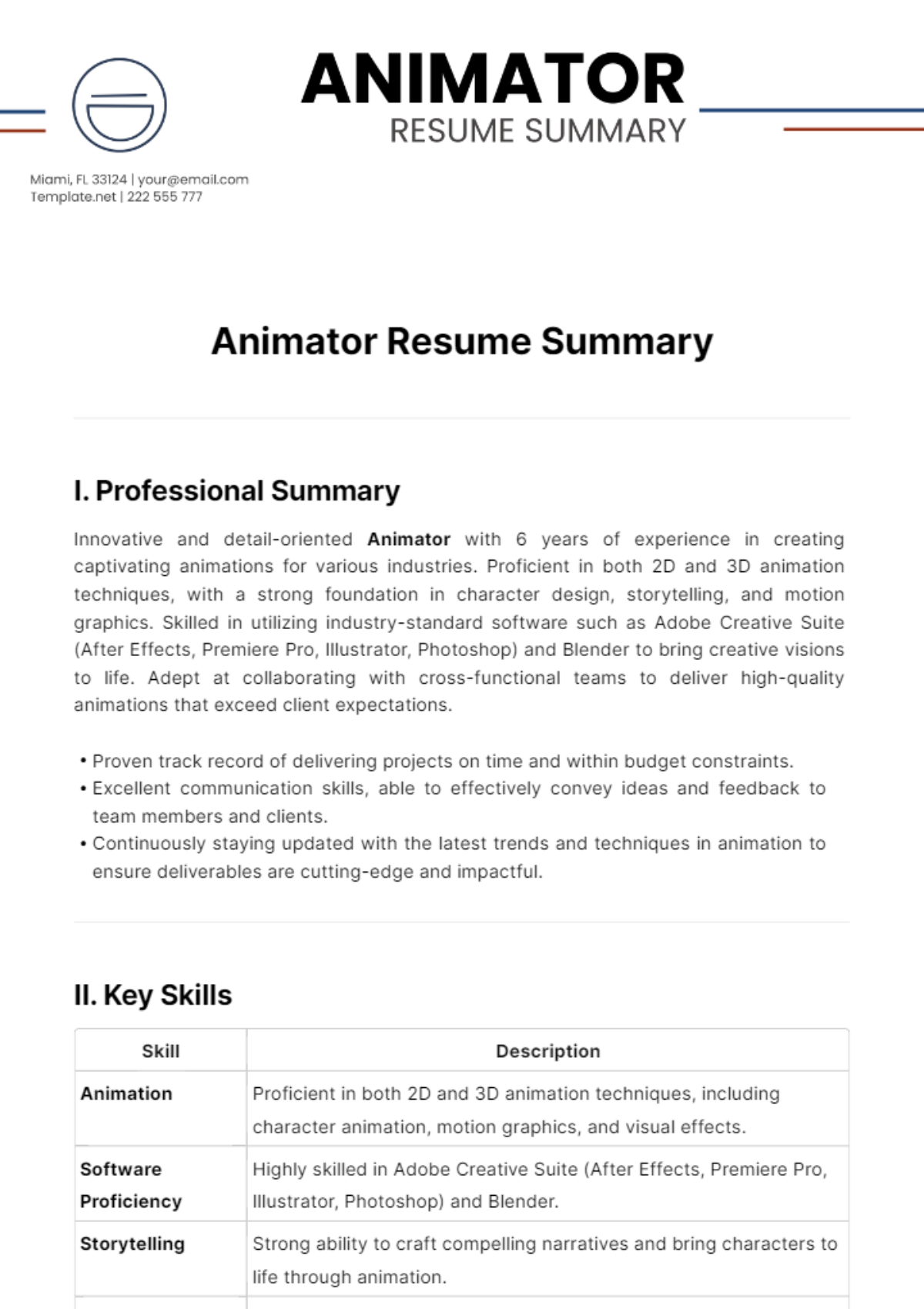Free Animator Resume Summary Template