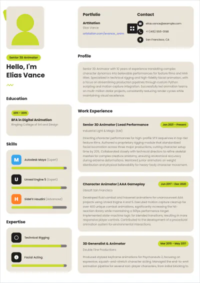 Free Animator ATS Resume Template, AI Resume Builder