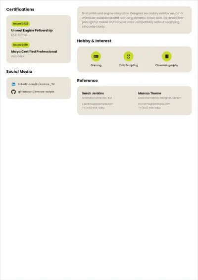 Free Animator ATS Resume Template, AI Resume Builder