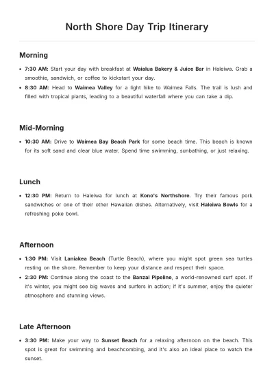 Free North Shore Day Trip Itinerary Template to Edit Online
