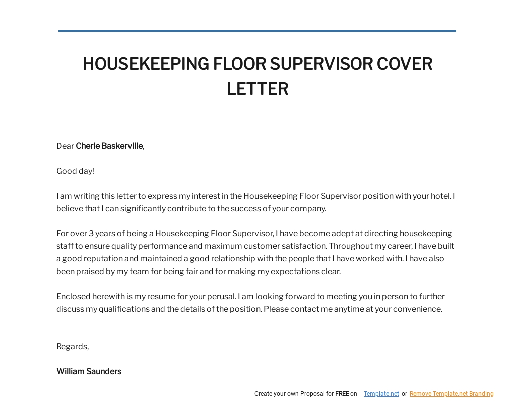 Free Housekeeping Floor Supervisor Cover Letter Template.jpe