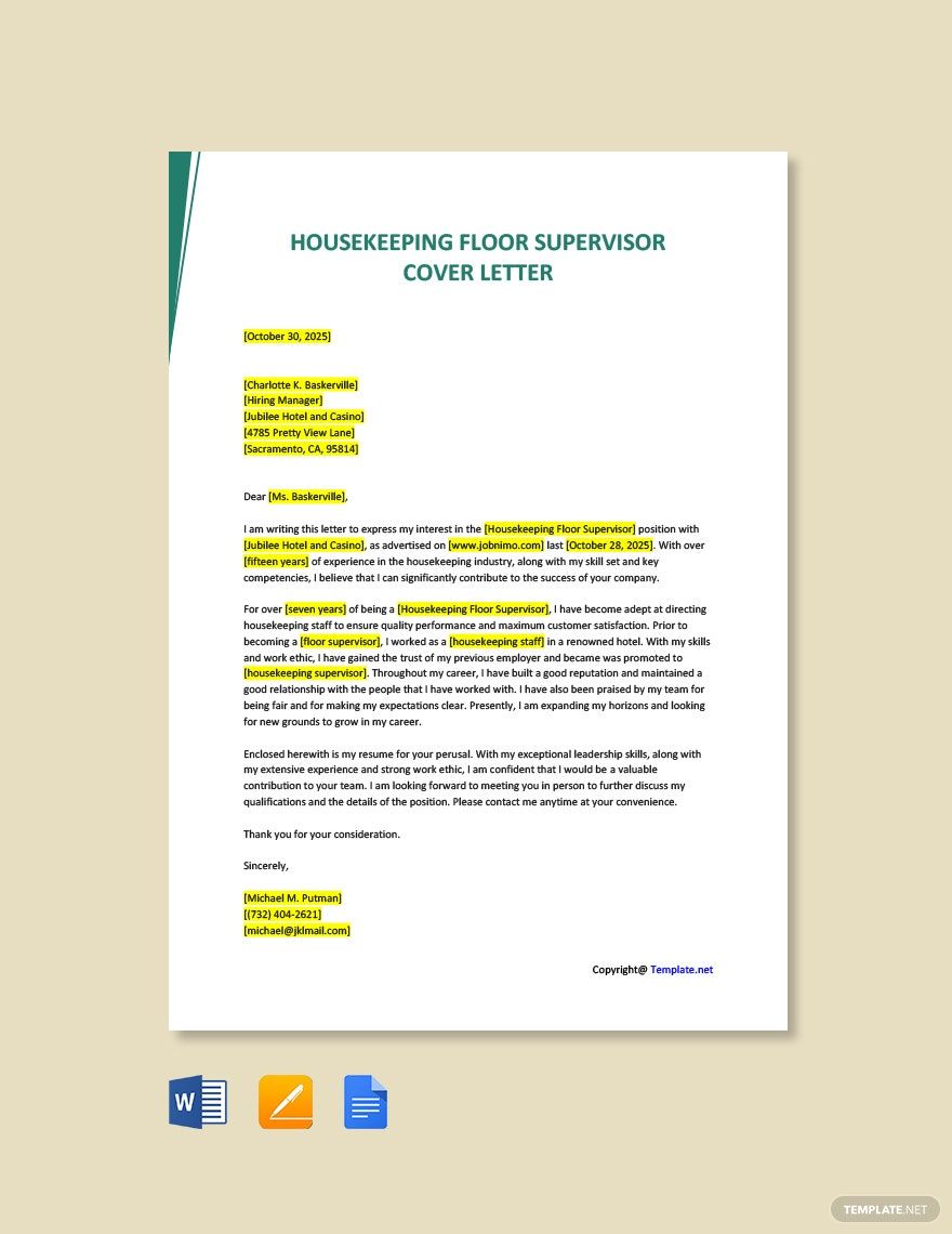 Housekeeping Floor Supervisor Cover Letter in Word, Pages, PDF, Google Docs - Download | Template.net