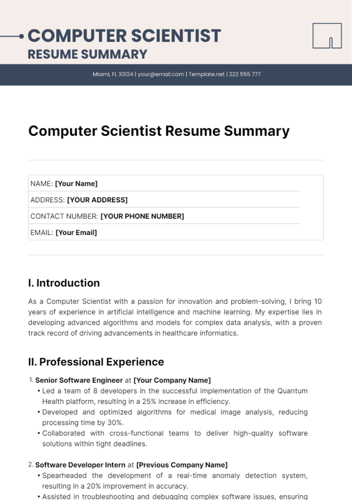 Free Computer Scientist Resume Summary Template
