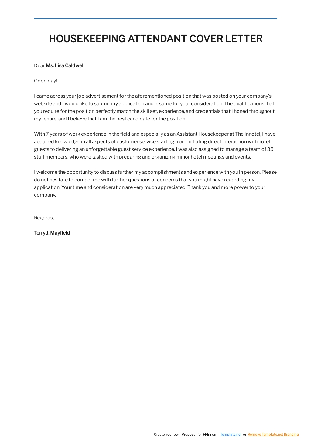Free Housekeeping Attendant Cover Letter Template.jpe