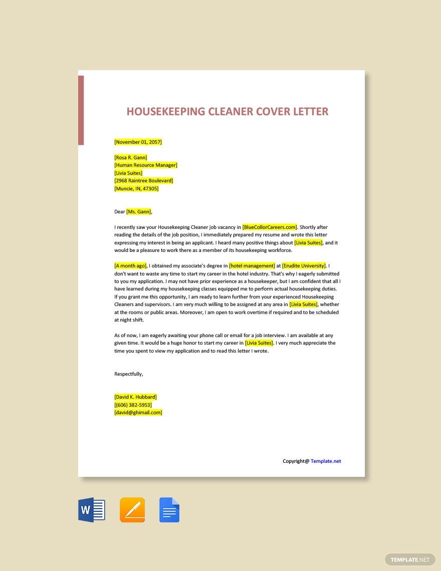 Free Housekeeping Cleaner Cover Letter in Word, Google Docs, PDF, Apple Pages