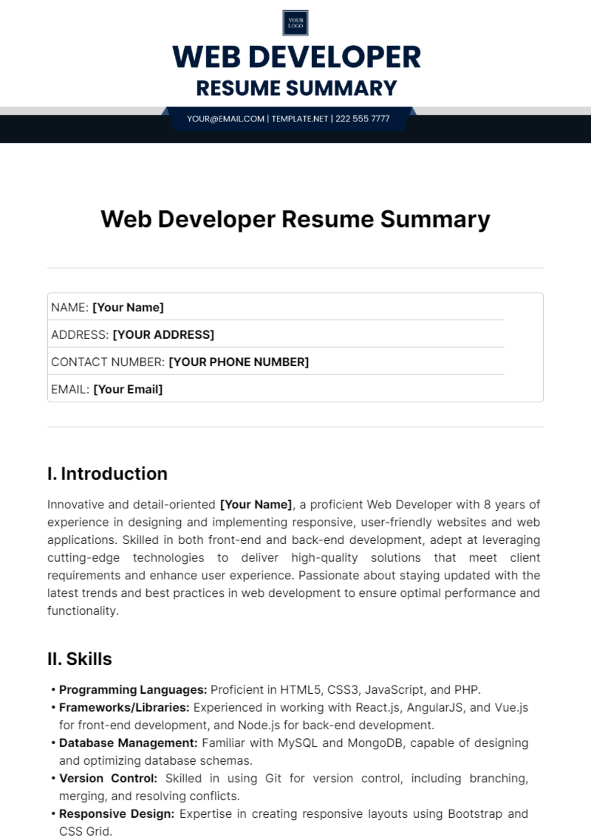 Free Web Developer Resume Summary Template
