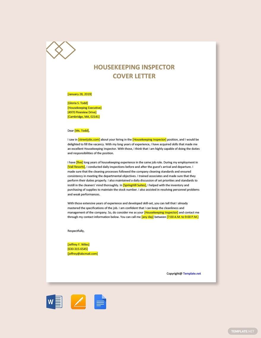 Housekeeping Inspector Cover Letter