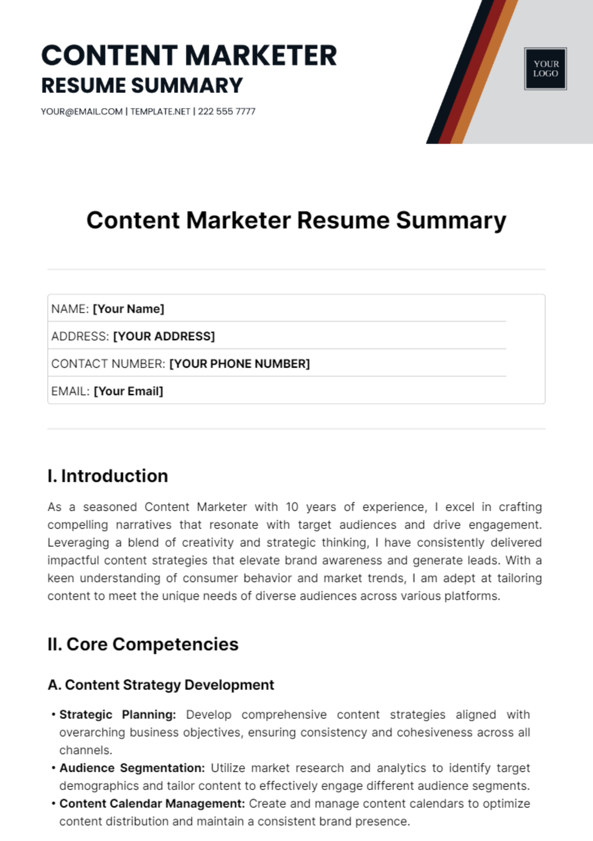 Content Marketer Resume Summary Template