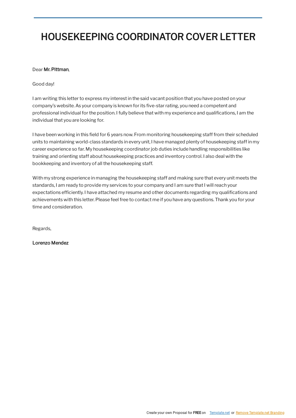 Free Housekeeping Coordinator Cover Letter Template.jpe