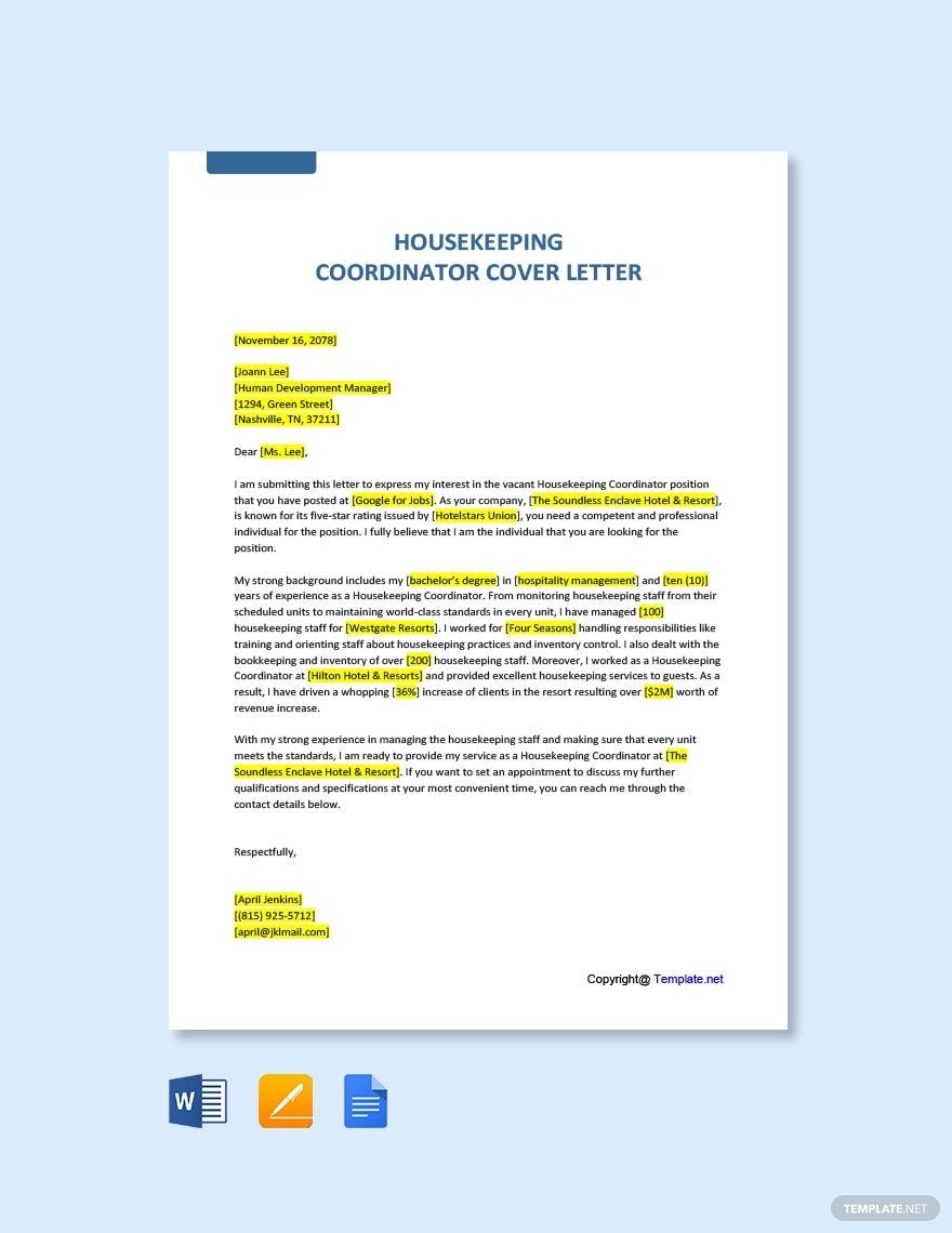 Free Housekeeping Coordinator Cover Letter Template