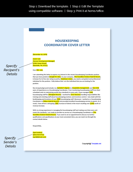 Free Housekeeping Coordinator Cover Letter Template - Google Docs, Word ...