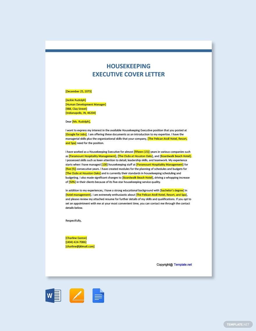 Housekeeping Executive Cover Letter Template