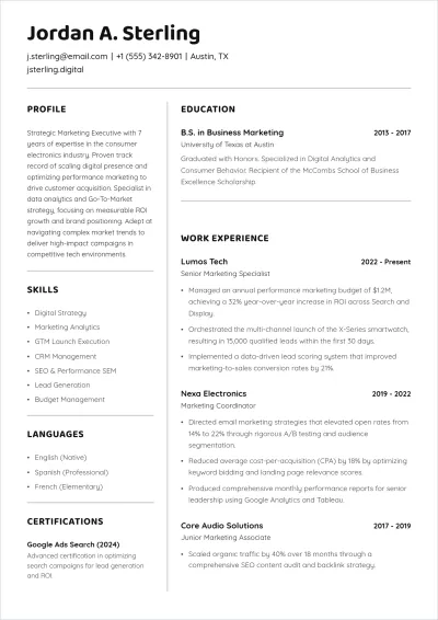 Free Marketing Executive ATS Resume Summary Template