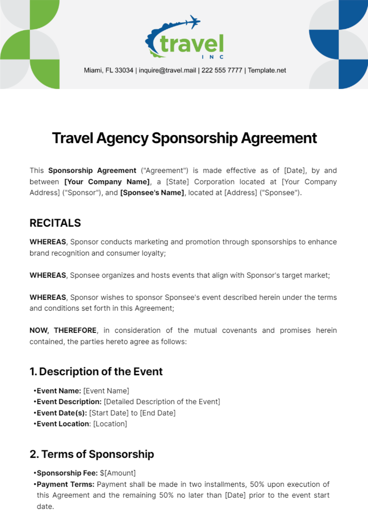 Free Travel Agency Sponsorship Agreement Template