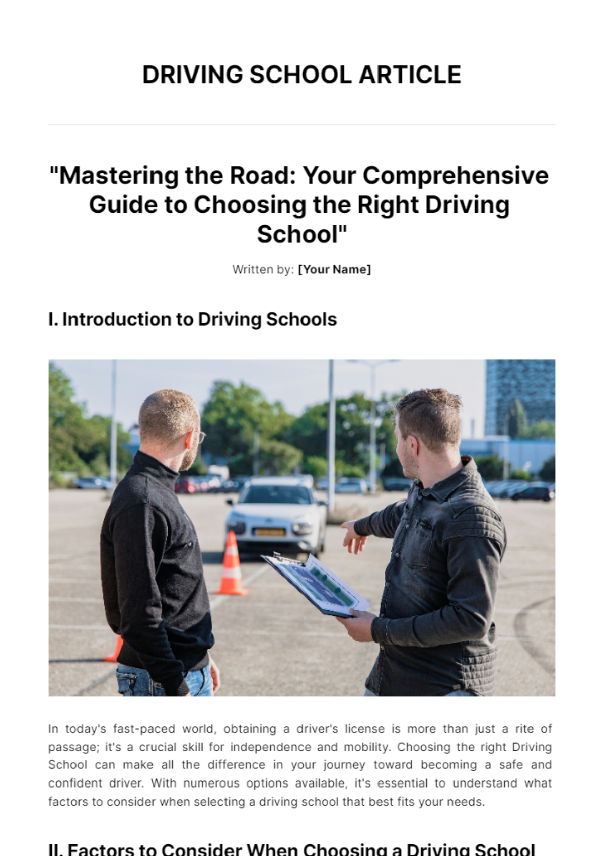 Free Driving School Article Template