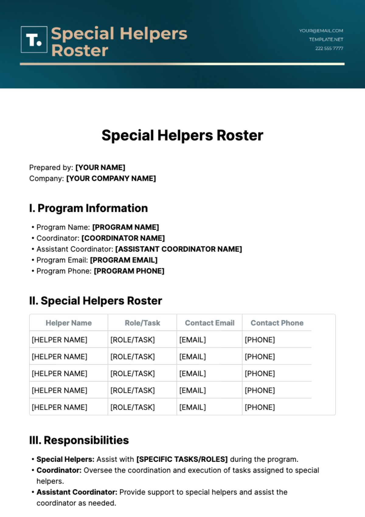 Special Helpers Roster Template