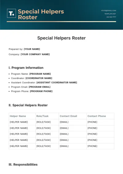 Free Special Helpers Roster Template to Edit Online