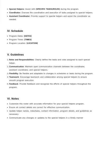 Free Special Helpers Roster Template to Edit Online