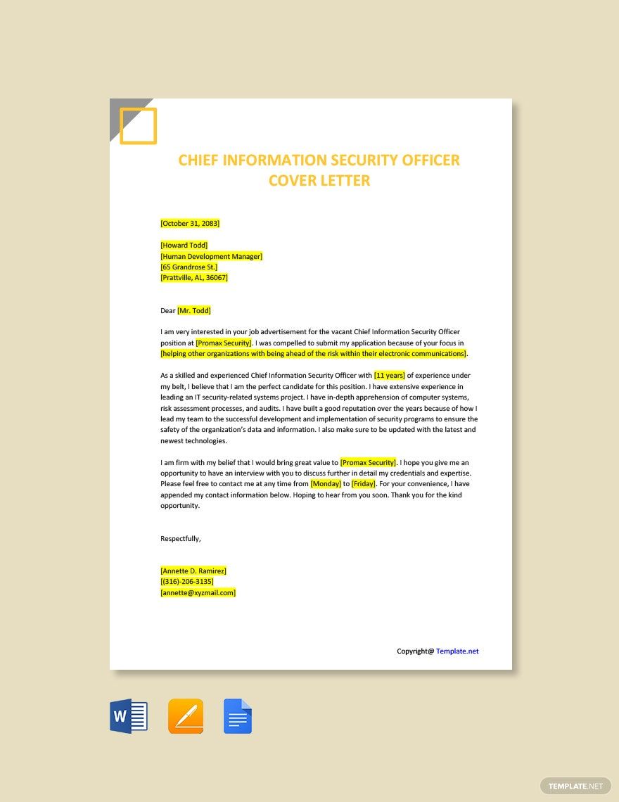 Chief Information Security Officer Cover Letter in Word, Pages, PDF, Google Docs - Download | Template.net