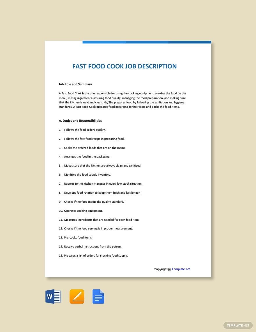 Fast Food Cook Job Ad and Description Template