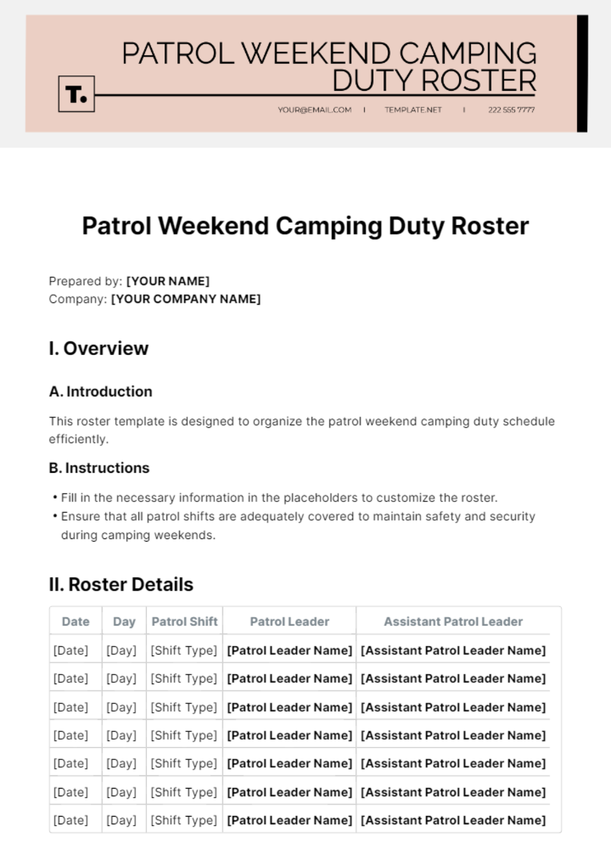 Patrol Weekend Camping Duty Roster Template