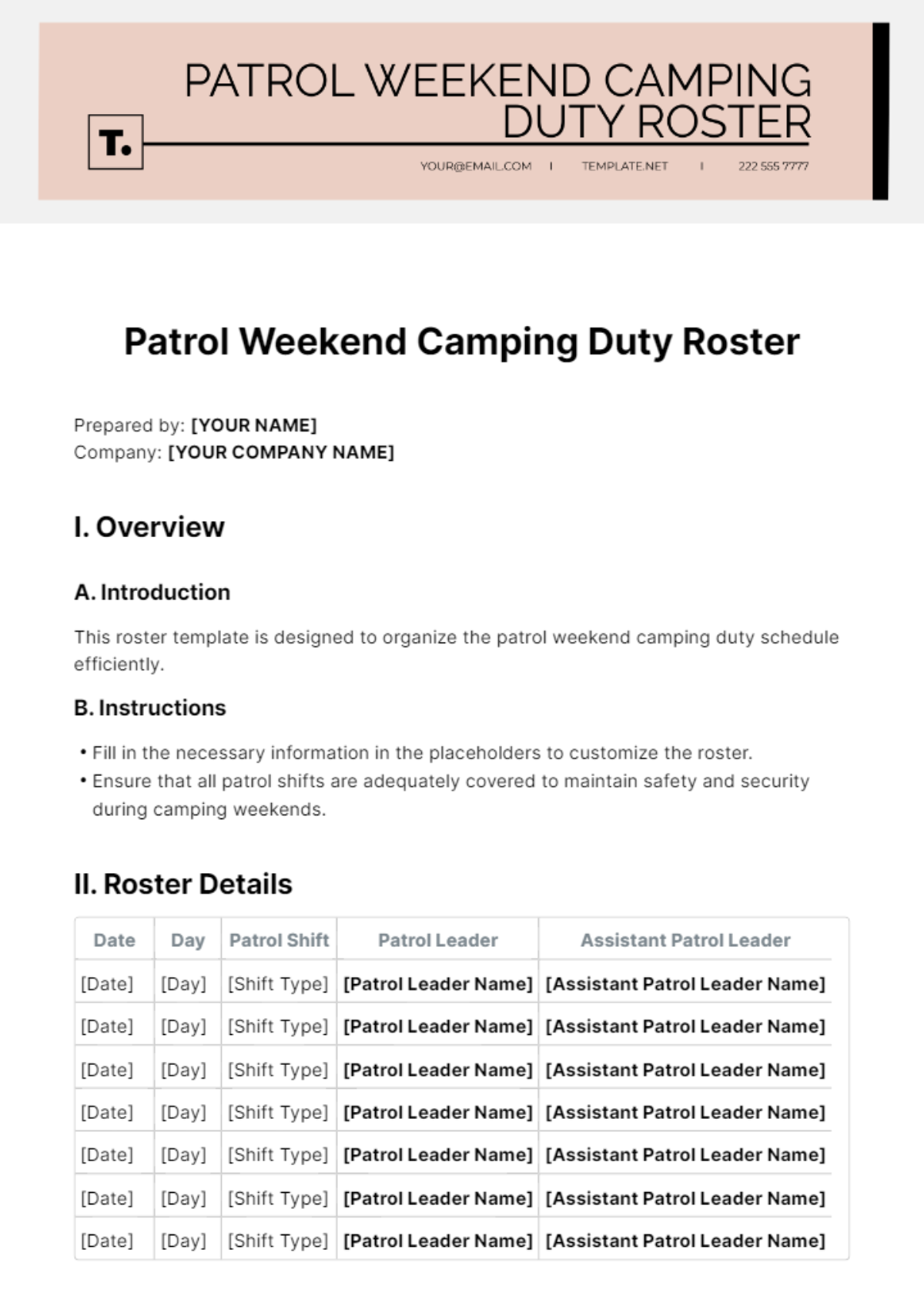 Free Patrol Weekend Camping Duty Roster Template to Edit Online