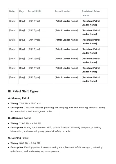 Free Patrol Weekend Camping Duty Roster Template to Edit Online