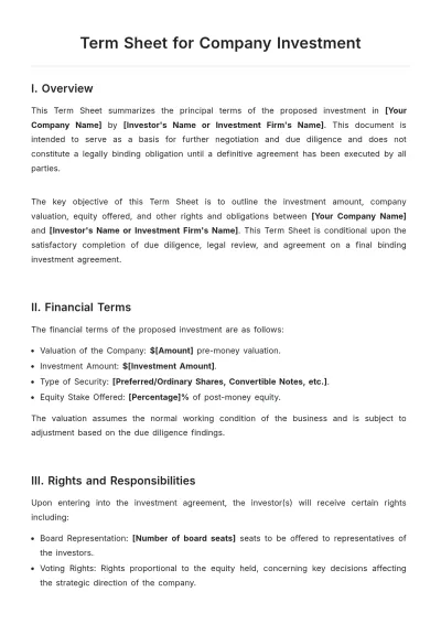 Free Term Sheet for Company Investment Template to Edit Online