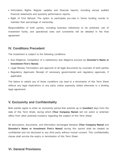 Free Term Sheet for Company Investment Template to Edit Online