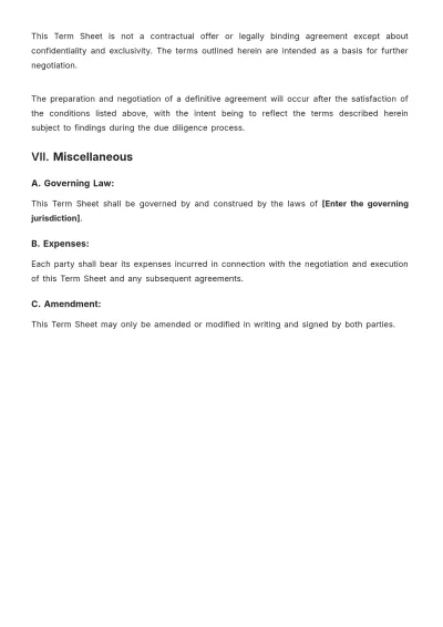 Free Term Sheet for Company Investment Template to Edit Online