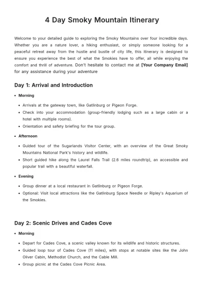 Free 4 Day Smoky Mountain Itinerary Template to Edit Online