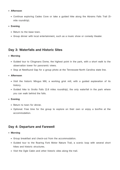 Free 4 Day Smoky Mountain Itinerary Template to Edit Online
