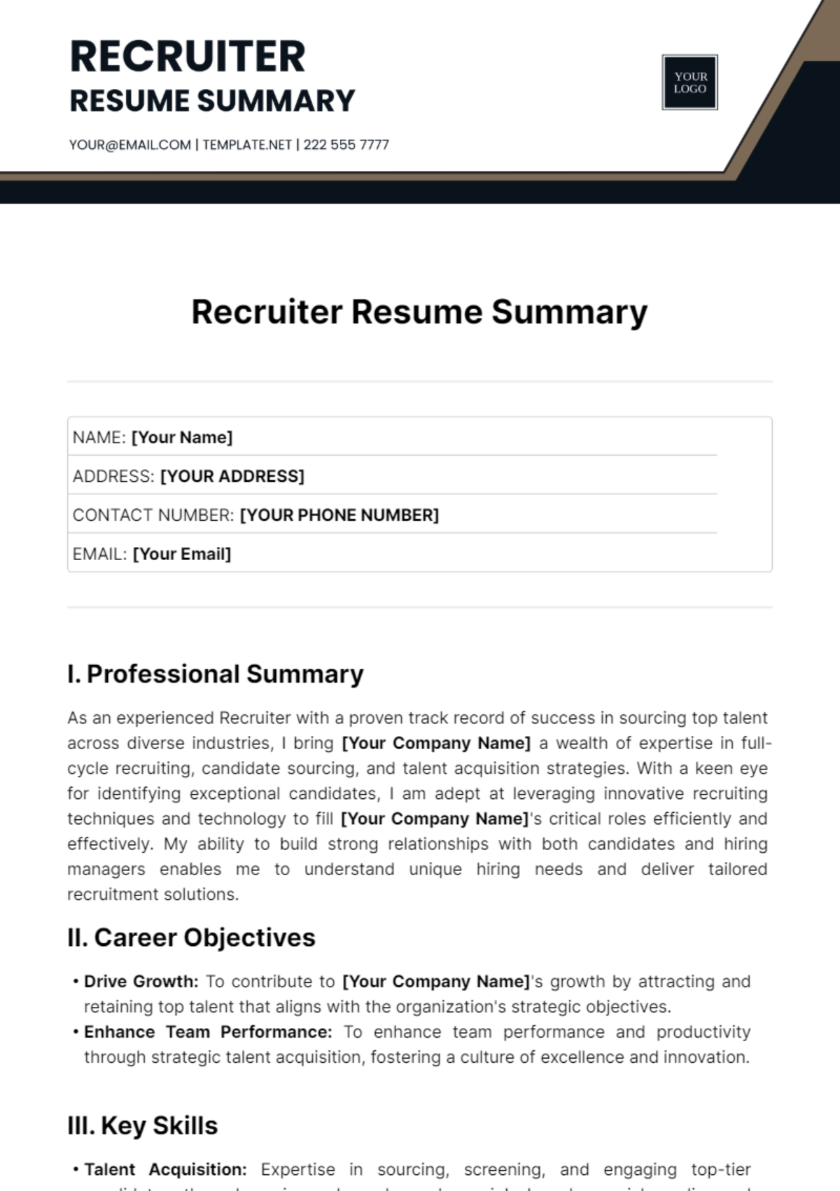 Recruiter Resume Summary Template