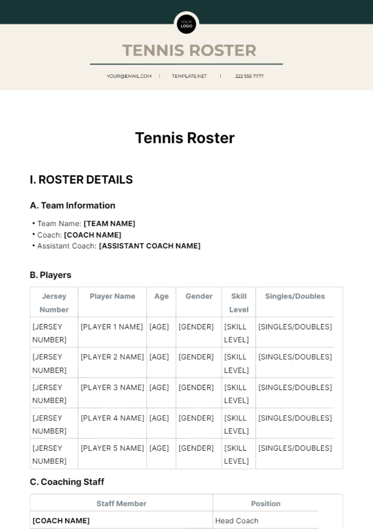 Tennis Roster Template